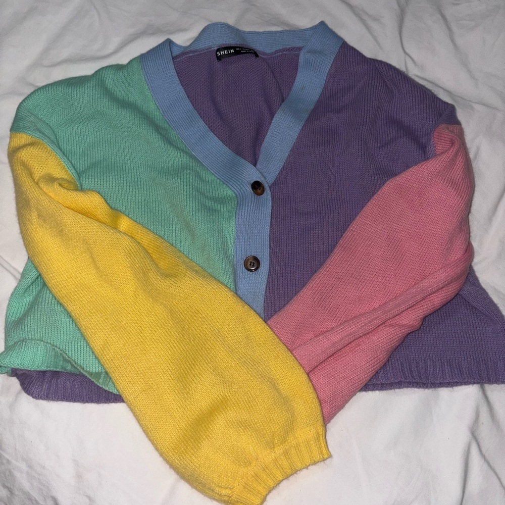 SHEIN Yellow and Pink Color-Block Cardigan Sweater